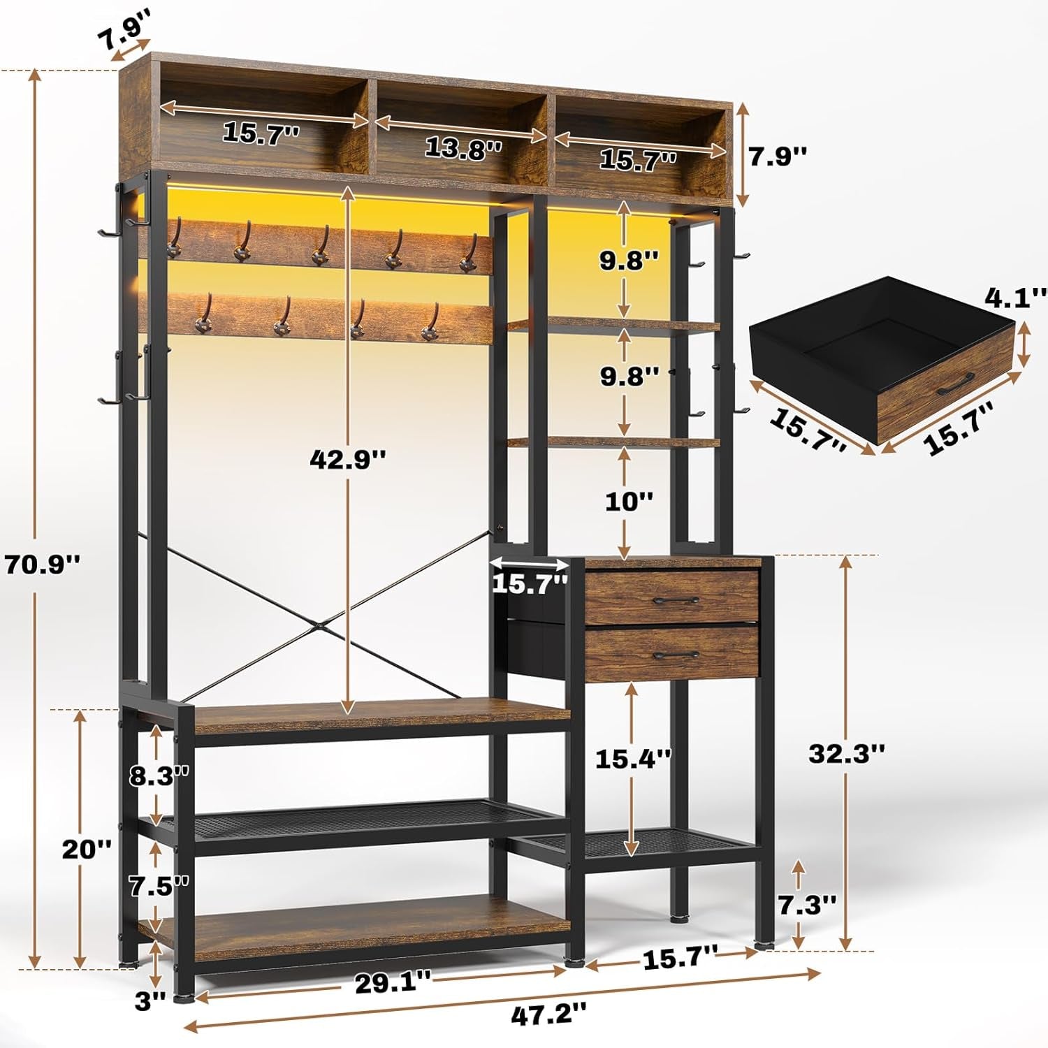 Hall Tree with Bench and Shoe Storage, 7-In-1 Entryway Bench with Coat Rack, 3 Storage Cubbies, 3 Open Shelves, 17 Coat Hooks, 2 Fabric Drawers (Rustic Brown)