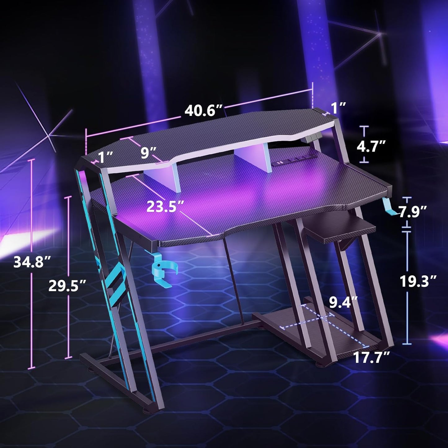 Gaming Desk with Power Outlet & LED Lights, Computer Desk 40 Inch with PC Storage Shelf, Gaming Table with Carbon Fiber Texture, Gamer Desk, Gift for Boys Men, Black