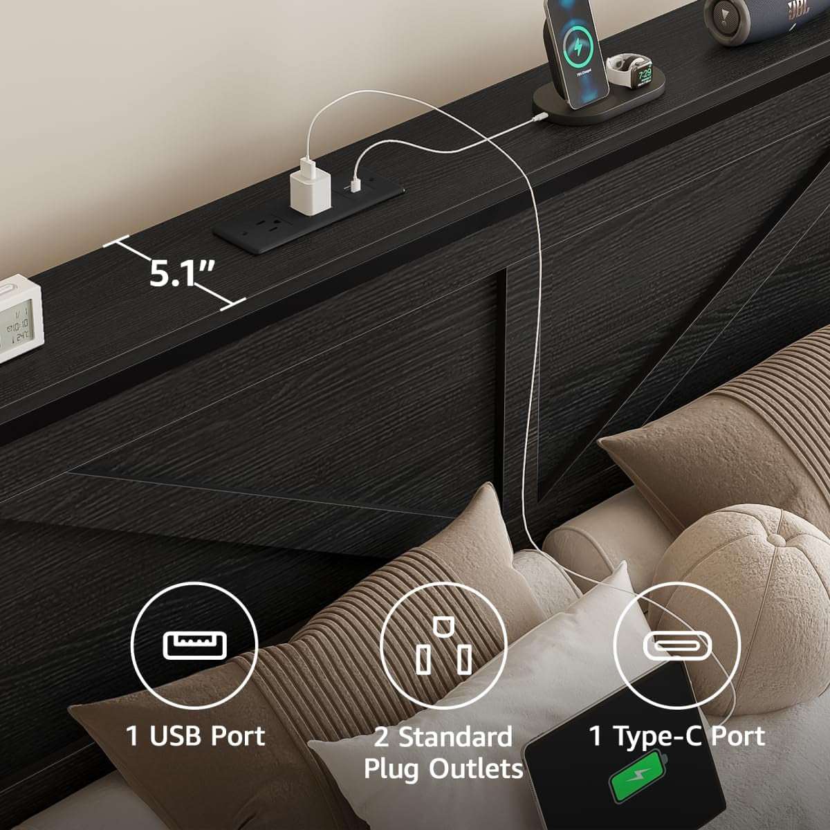 Rustic King Size Bed Frame with Storage Drawers and Barn Door Headboard, Farmhouse LED King Bed Frame with Charging Station, Metal Industrial Platform Bed Frames, No Box Spring Needed, Black