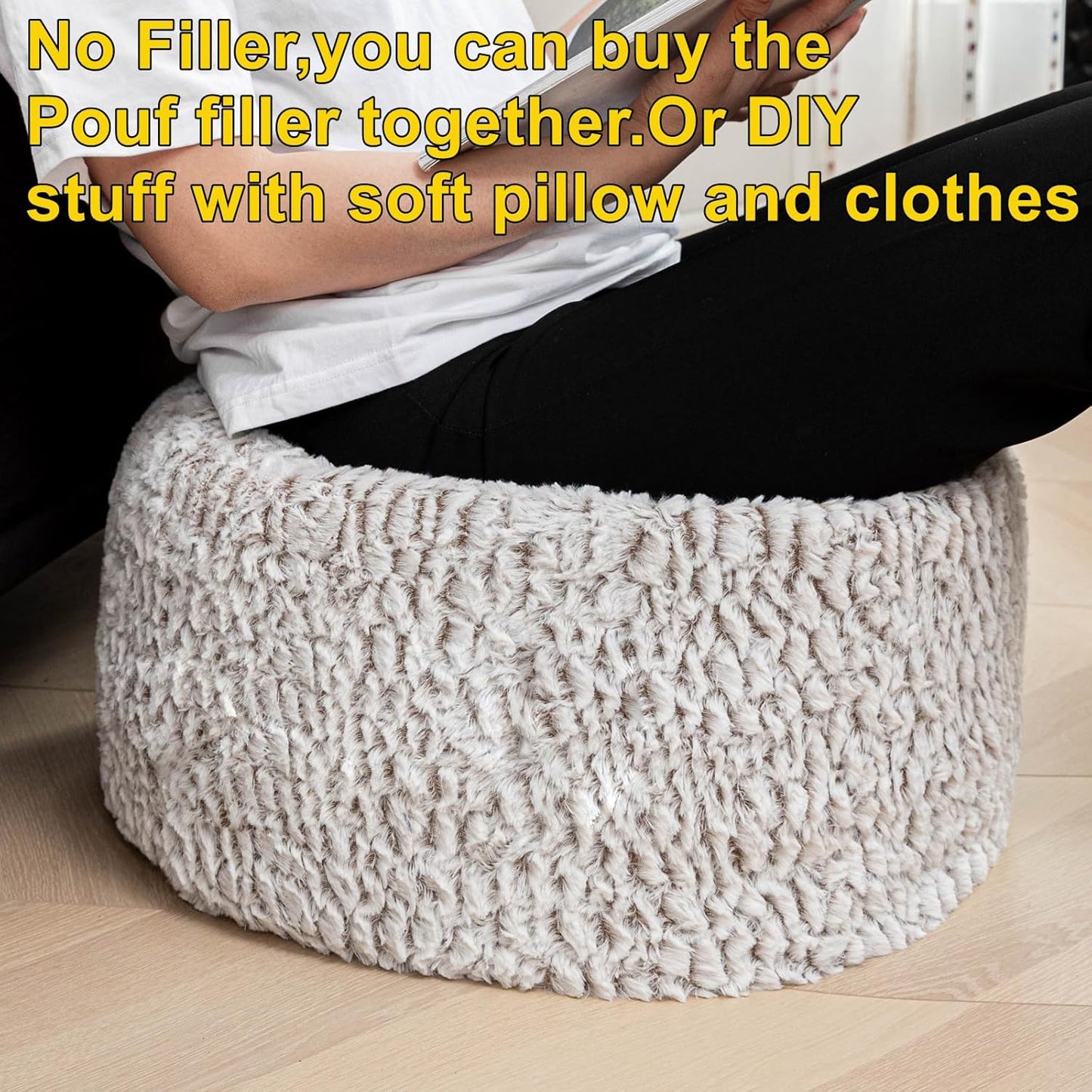 Pouf Ottoman Unstuffed Ottoman Foot Rest No Filler Soft Fur Foot Stool 20X20X12 Inches Fuzzy Chair Floor Pouf Chair with Storage for Living Room Bedroom Snow Coffee