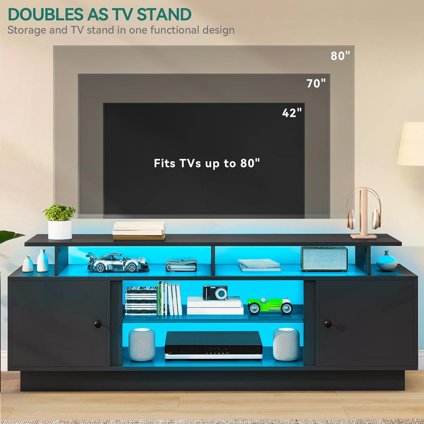 Modern TV Stand with LED Lights for up to 80 Inch Tvs, Entertainment Center with Storage Cabinets & Movable Partition for Living Room (Black)