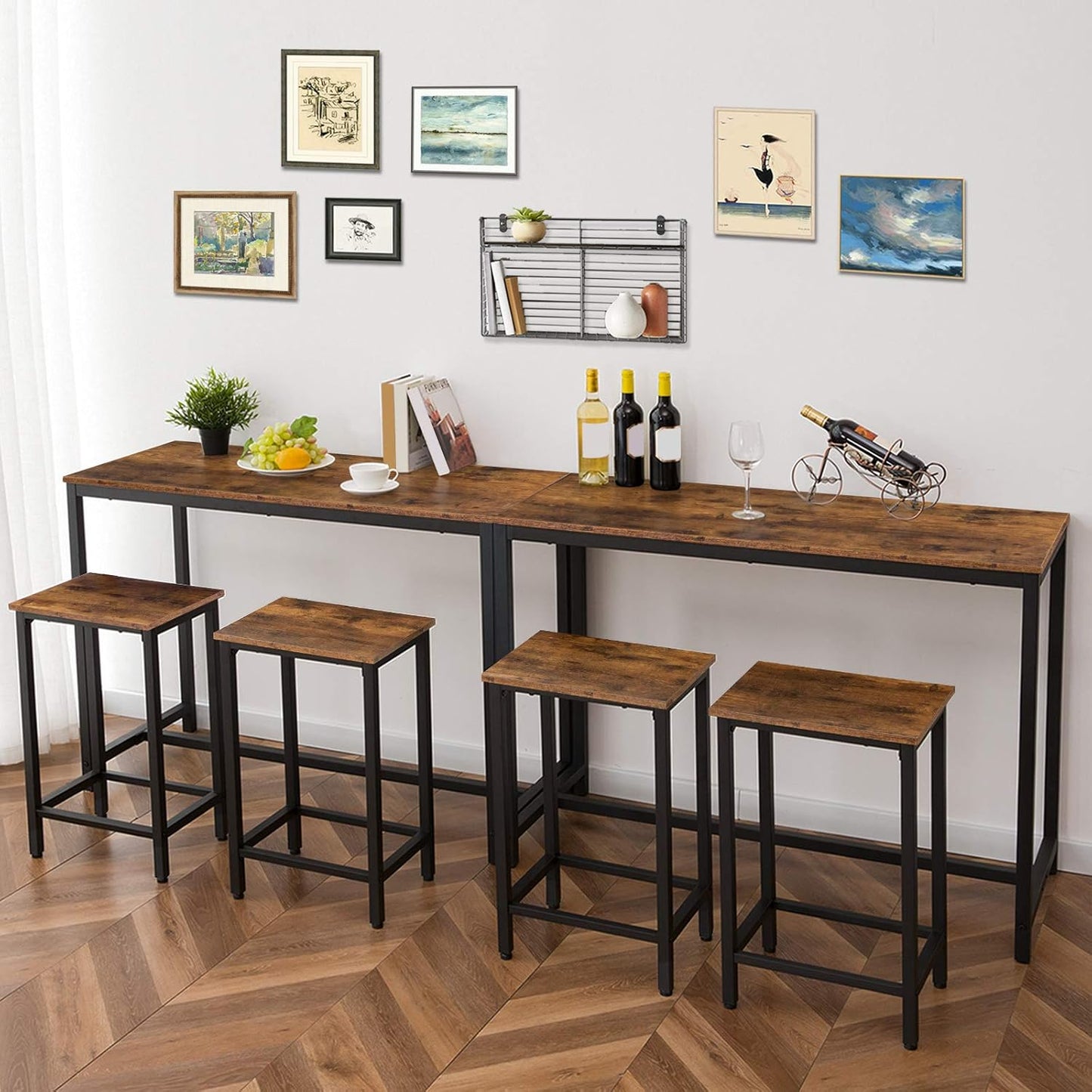 Bar Table and Chairs Set, 47.2” Rectangular Pub Table with 2 Stools for Small Space, High Top Table, 3-Piece Breakfast Stools Set, Sturdy Metal Frame, Easy to Assemble, Rustic Brown BF52BT01