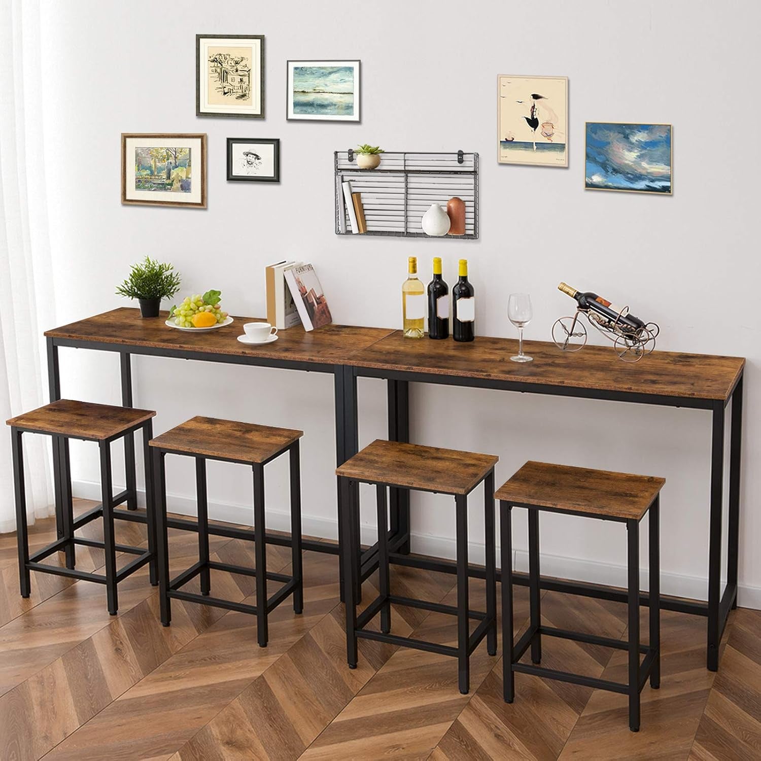 Bar Table and Chairs Set, 47.2” Rectangular Pub Table with 2 Stools for Small Space, High Top Table, 3-Piece Breakfast Stools Set, Sturdy Metal Frame, Easy to Assemble, Rustic Brown BF52BT01