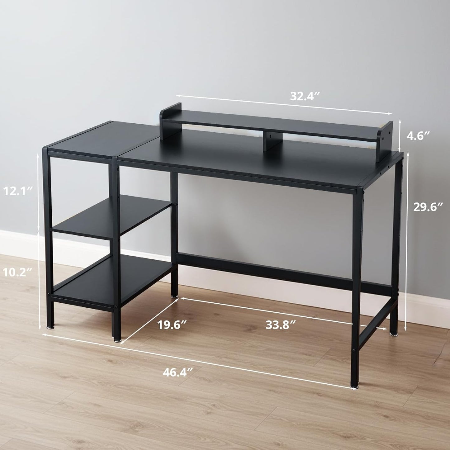 47-Inch Computer Desk with Storage Shelf - Your Ideal Black Gaming Desk for Bedrooms, Small Spaces, and Home Offices. This Modern Writing Desk Is Perfectly Suited for Pcs.