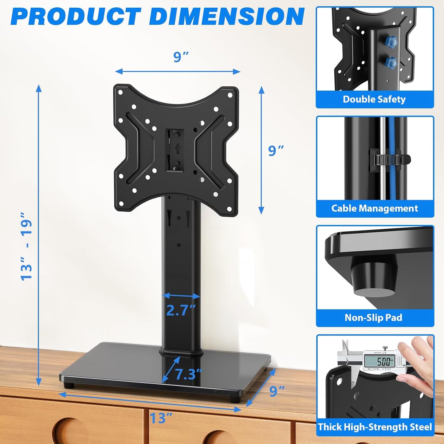 Universal Swivel Tabletop TV Stand for Flat Screens 23 24 26 32 39 40 42 43 Inch, Heavy Duty Center Pedestal Stand Replacement with Black Tempered Glass Base and Height Adjustable Mount