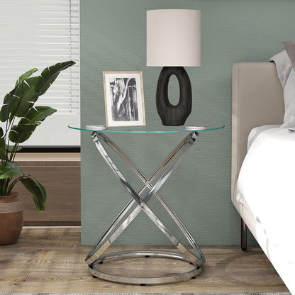 Glass round End Table, Modern Contemporary Side Table for Small Space with Tempered Glass Tabletop for Living Room, Chrome Finish