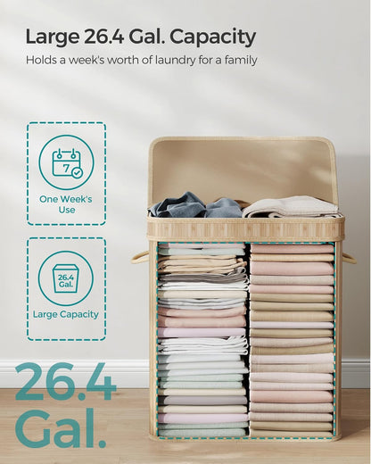 Laundry Hamper with Lid, Bamboo Laundry Basket, Removable Machine Washable Laundry Basket, with Handles, 26.4-Gallons, for Laundry Room, Bedroom, Bathroom, Natural Beige ULCB063N01
