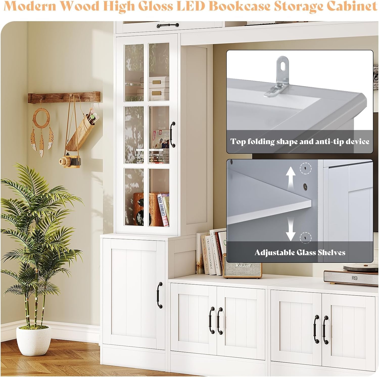 98" W Wall Unit TV Stand with Storage for Tvs up to 80", Modern TV Console with LED Lights, Entertainment Center with Bookshelves for Living Room, White