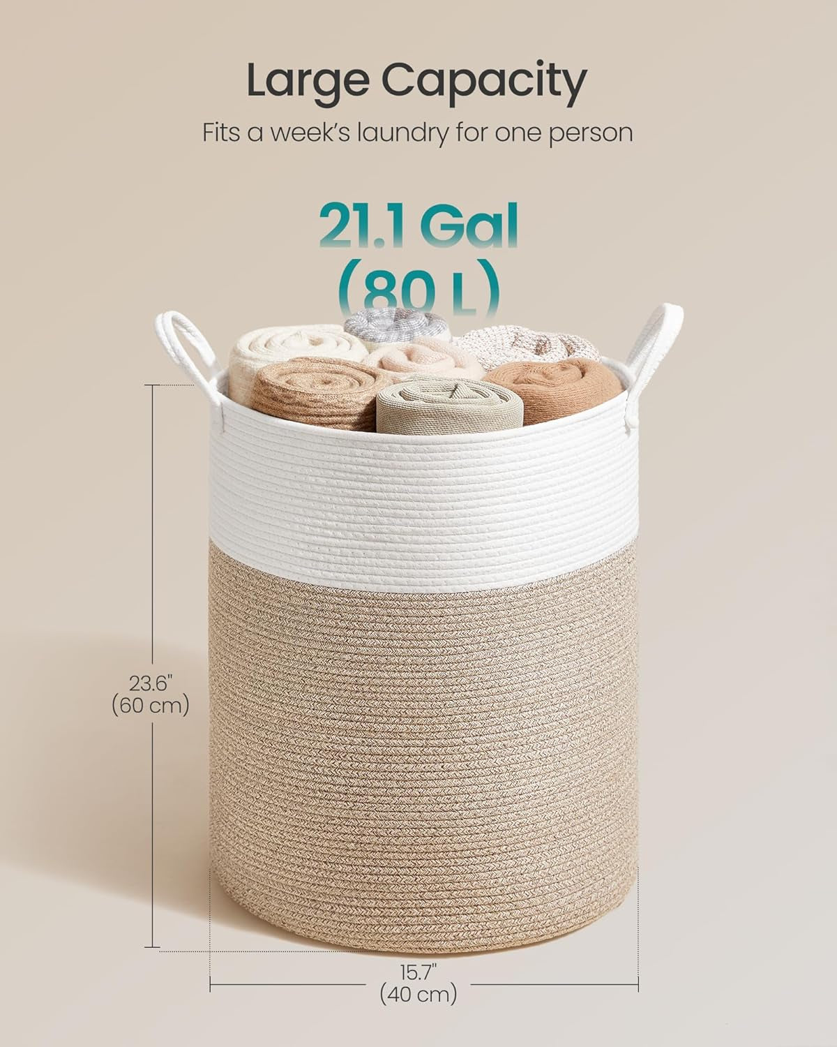 Laundry Hamper, Cotton Rope Laundry Basket with Handles, for Children, Toys, Clothing, Living Room, Bedroom, 21.1 Gallons, 15.7 X 15.7 X 23.6 Inches, White and Grayish Brown URLH062LZ01