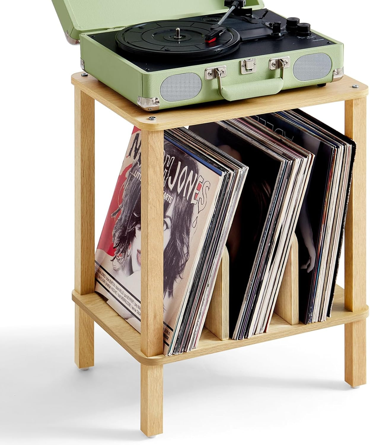 2-Tier Bamboo Record Player Stand with Vinyl Record Storage up to 100 Albums, Boho Bedroom Record Holder and Multi-Functional End Table for Living Room, Natural