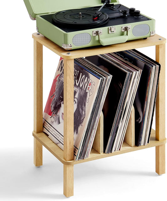 2-Tier Bamboo Record Player Stand with Vinyl Record Storage up to 100 Albums, Boho Bedroom Record Holder and Multi-Functional End Table for Living Room, Natural
