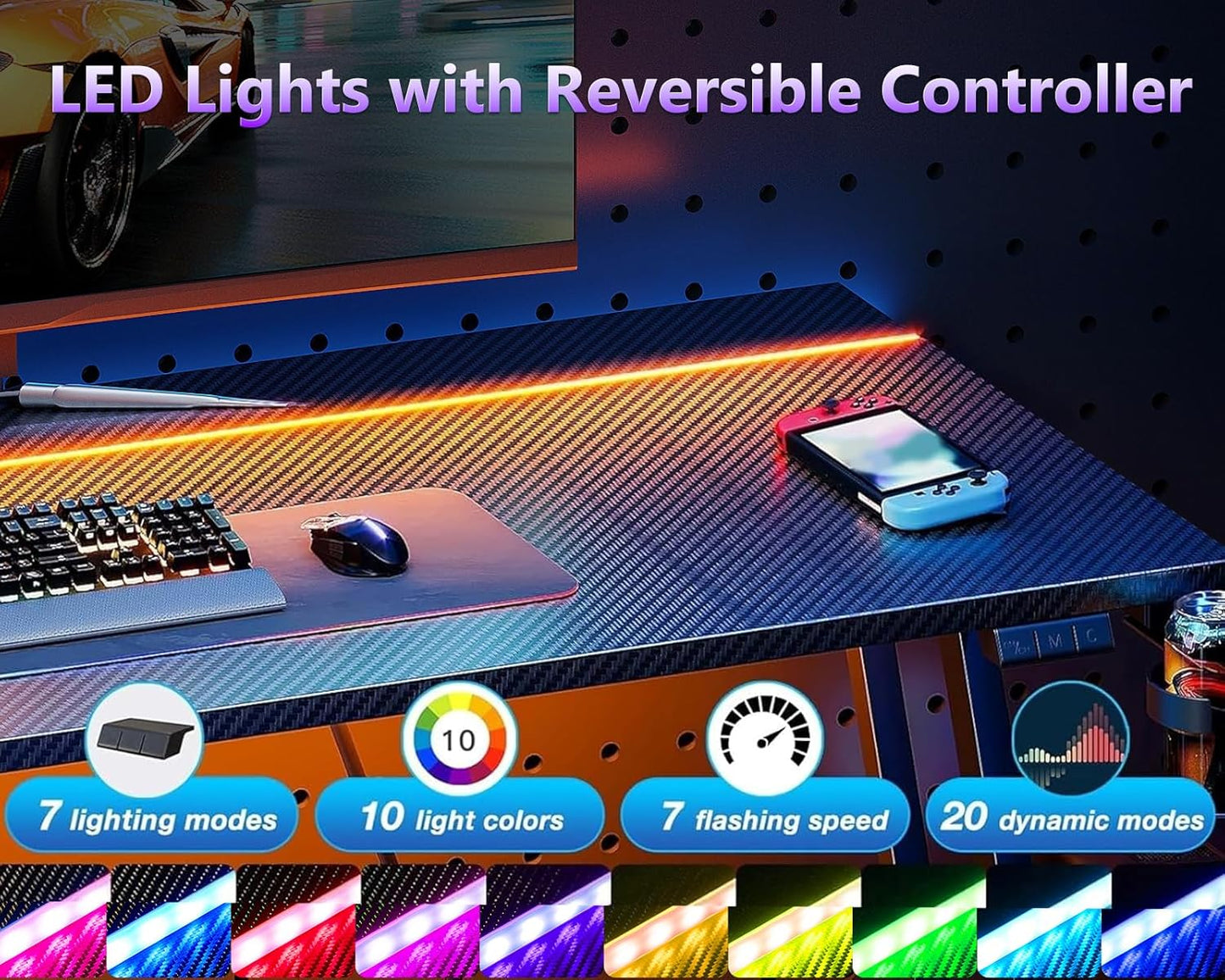 32 Inch Small Gaming Desk with LED Light, Computer Desk for Small Space, Gaming Table with Carbon Fiber Texture, Kids PC Desk Gift for Boys Men, Black