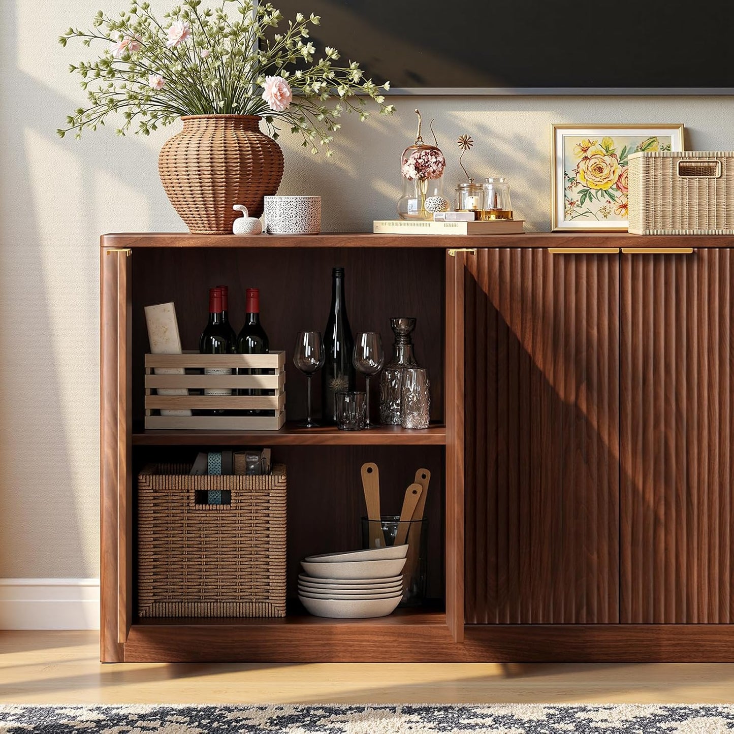 67" Walnut Fluted TV Stand for Tvs up Tp 75", Mid-Century Modern Entertainment Center with Storage Cabinets and Fluted Doors, Wood Media TV Consoles for Living Room and Bedroom Furniture
