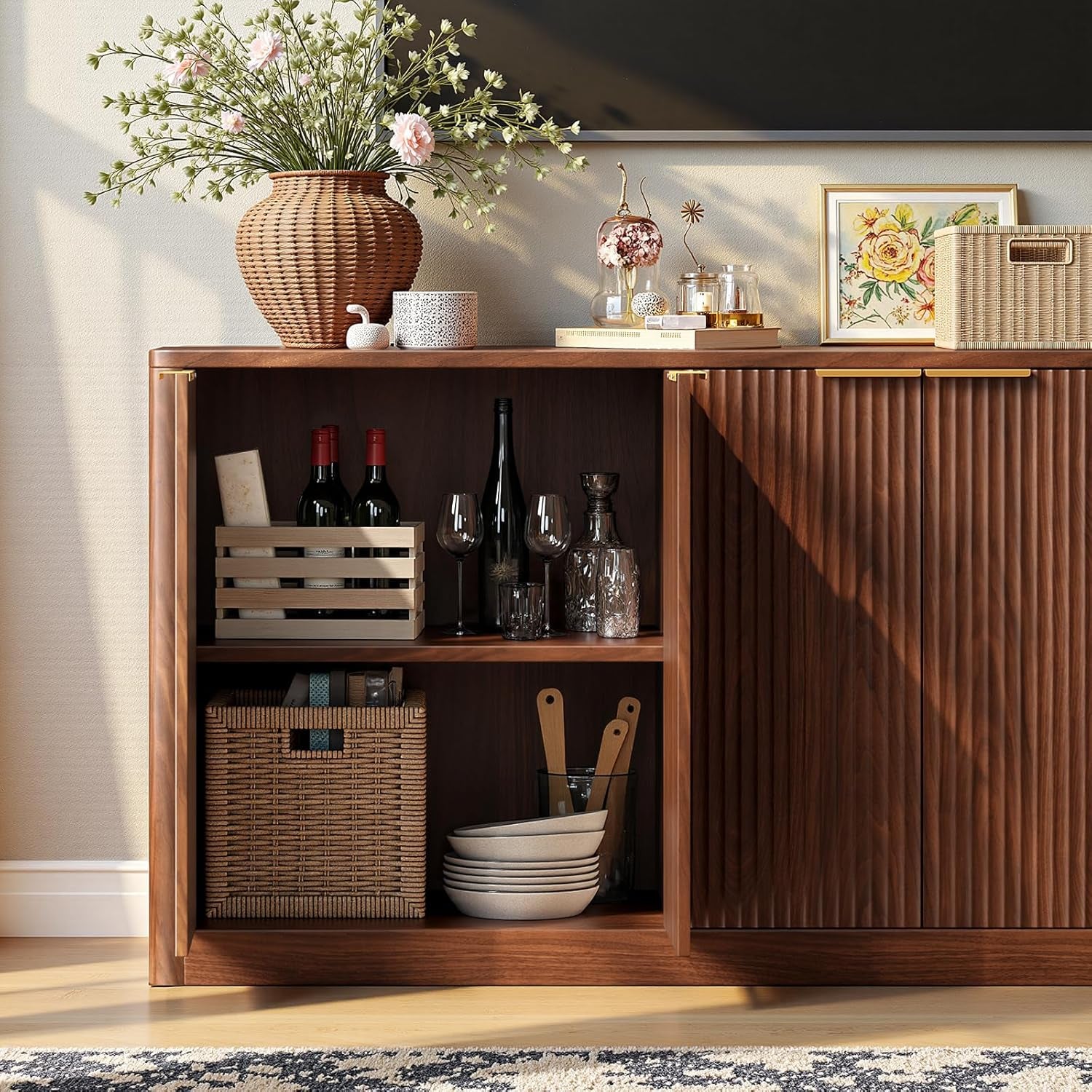 67" Walnut Fluted TV Stand for Tvs up Tp 75", Mid-Century Modern Entertainment Center with Storage Cabinets and Fluted Doors, Wood Media TV Consoles for Living Room and Bedroom Furniture