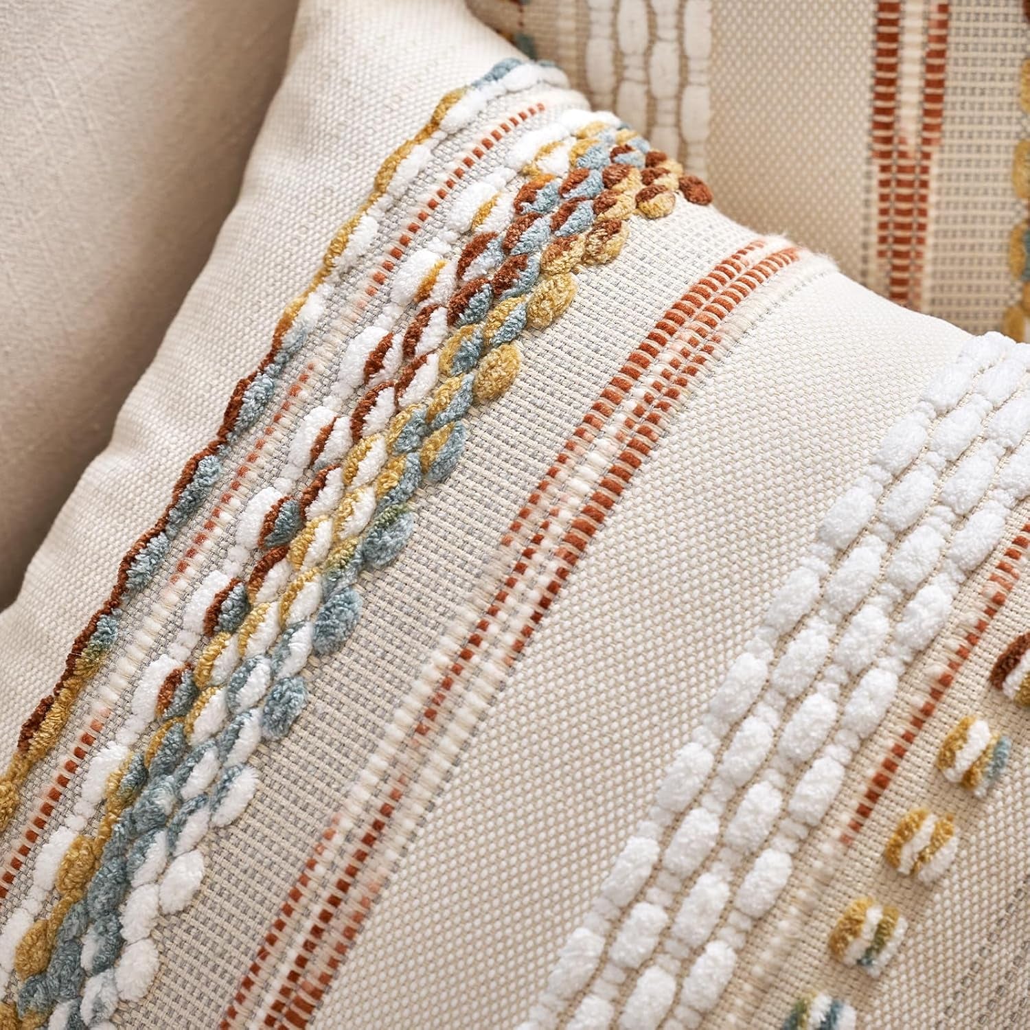 Boho Throw Pillow Covers 18X18 Inch Set of 2, Farmhouse Decorative Striped Square Pillow Covers Chenille Tufted Pillow Cases Accent Neutral Pillowcase for Living Room Couch Bed, Orange White