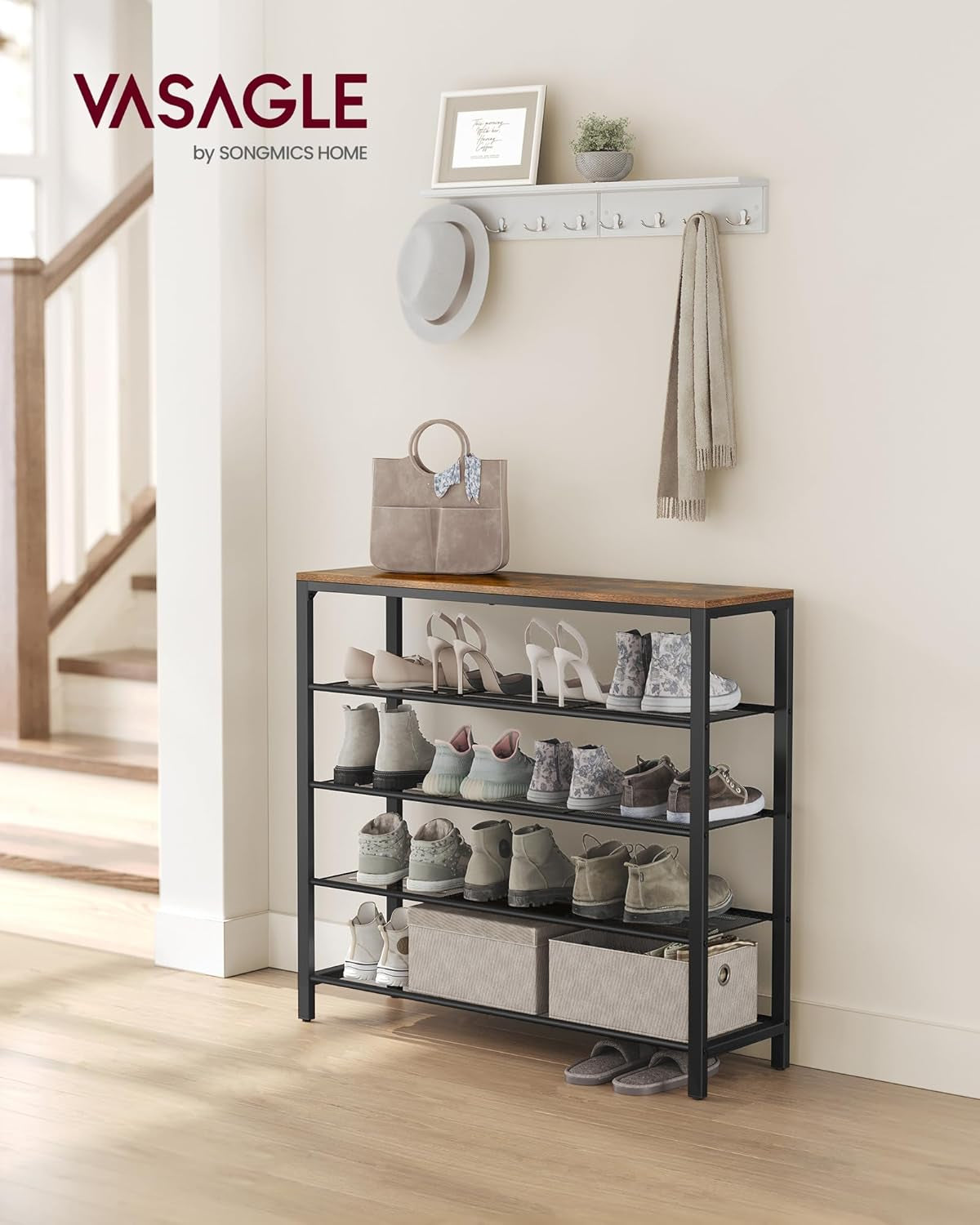 Shoe Rack, 5-Tier Shoe Storage Organizer with 4 Metal Mesh Shelves for 16-20 Pairs and Large Surface for Bags, for Entryway, Hallway, Closet, Industrial, Rustic Brown and Black ULBS15BX