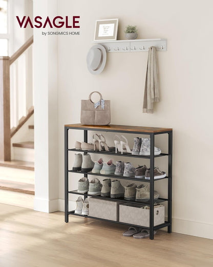 Shoe Rack, 5-Tier Shoe Storage Organizer with 4 Metal Mesh Shelves for 16-20 Pairs and Large Surface for Bags, for Entryway, Hallway, Closet, Industrial, Rustic Brown and Black ULBS15BX