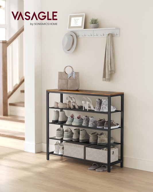 Shoe Rack, 5-Tier Shoe Storage Organizer with 4 Metal Mesh Shelves for 16-20 Pairs and Large Surface for Bags, for Entryway, Hallway, Closet, Industrial, Rustic Brown and Black ULBS15BX