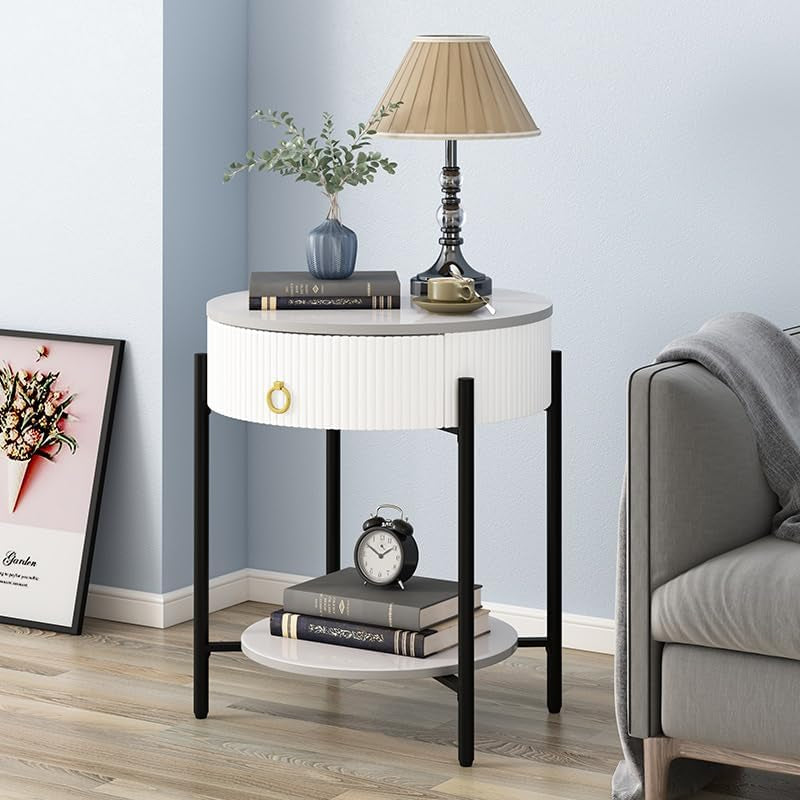 round End Table with Drawer, Modern 2 Tier Nightstand with Shelf, Small Side Table with Sintered Stone Tabletop for Living Room, Bedroom, Dorm, and Office, Marbling Natural Stone/White