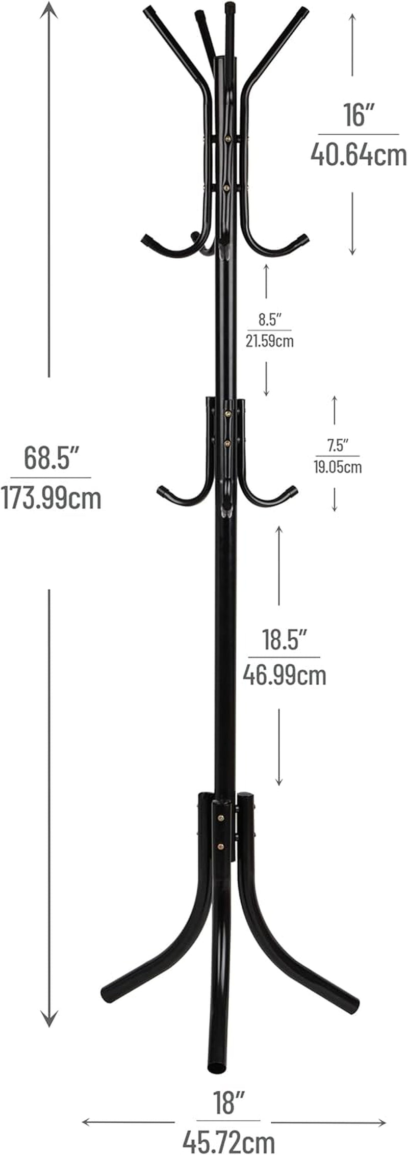 Freestanding Coat Rack, Multi-Tier Organizer for Office and Entryway, Metal, Black