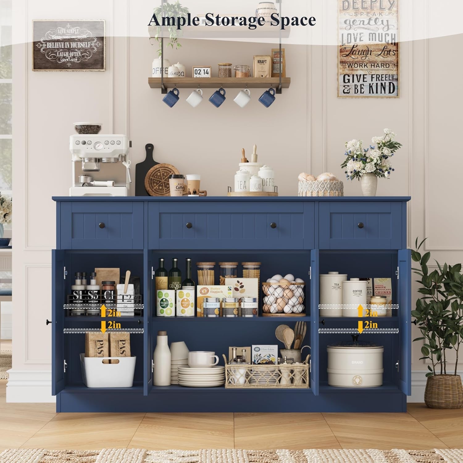 55" Sideboard Buffet Cabinet with Storage, Modern Kitchen Buffet Storage Cabinet with Drawers, Wood Coffee Bar with Adjustable Shelves, Large Sideboard for Kitchen, Living Room, Blue