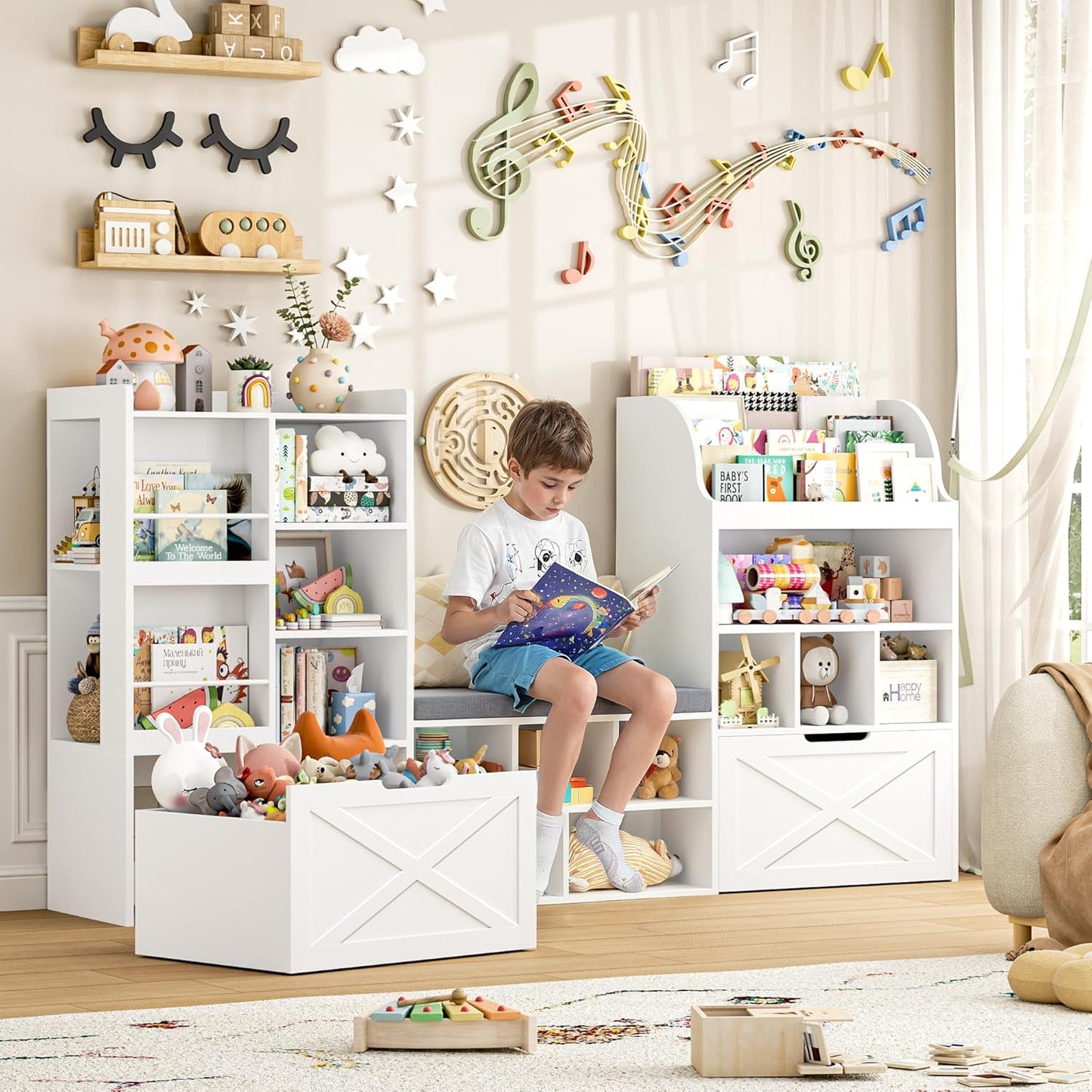 75” W Kids Bookshelf with Reading Nook, Large Toy Storage Toy Organizer with Seat Cushion and 2 Movable Drawers, Kids Reading Nook Kid Bench for Playroom Living Room, White