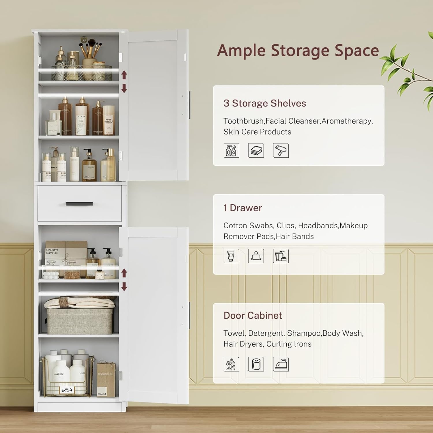 67'' Tall Bathroom Cabinet, Storage Cabinet with 4 Shelves & 2 Doors, Narrow Storage Cabinets for Bathroom, Living Room, Home Office, White