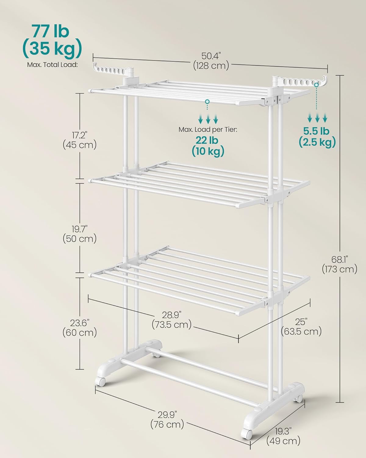 Clothes Drying Rack Stand 4-Tier, Foldable Laundry Drying Rack 68.1-Inch Tall, Stainless Steel, Rolling Clothes Horses Dryer Rack, Easy to Assemble, Indoor Outdoor Use, Cloud White ULLR701W03