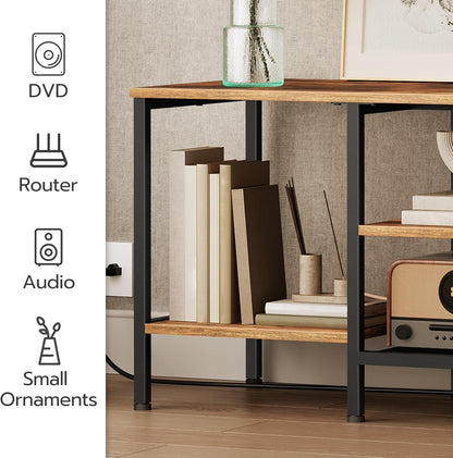 TV Stand with Power Outlets to 65 Inches, TV Console Table with Open Storage Shelves, Industrial Media Entertainment Center for Living Room Bedroom, Rustic Brown and Black BF40DS01