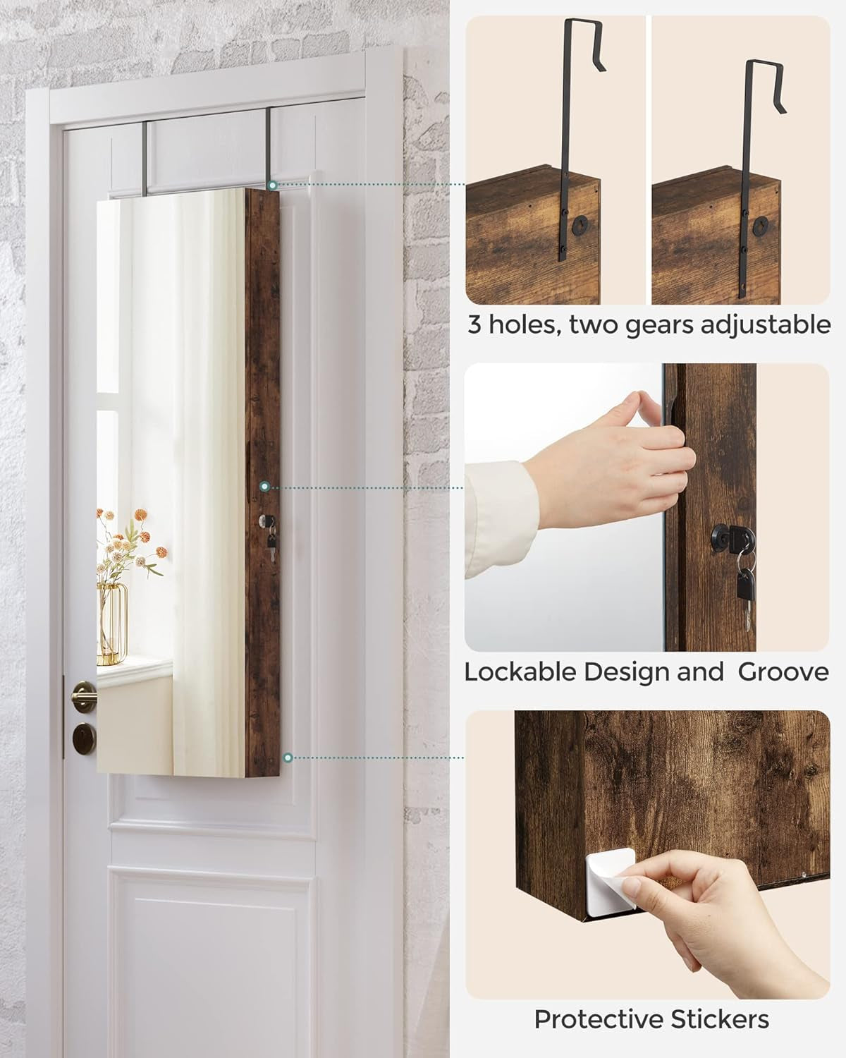 Mirror Jewelry Cabinet Armoire Organizer, Wall or Door Mount Storage Cabinet with Full-Length Frameless Lighted Mirror, Built-In Makeup Mirror, 2 Drawers, Lockable, Rustic Brown UJJC013X01