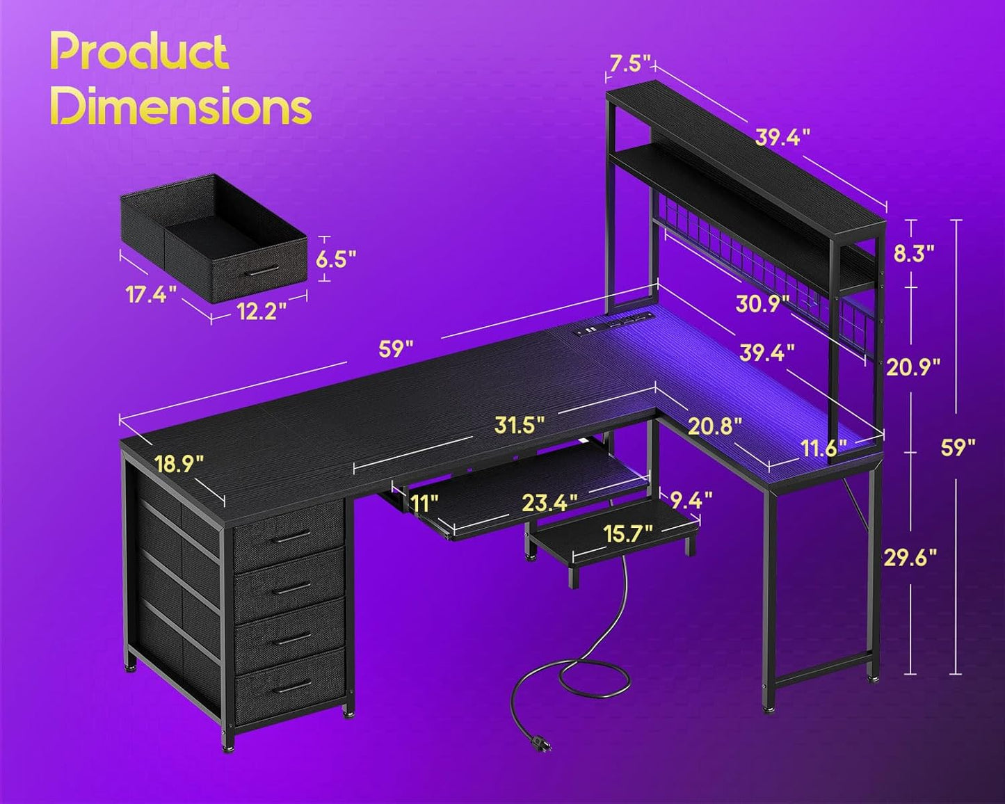 59 Inch L Shaped Desk with 4 Drawers, Gaming Desk with Led Lights & Power Outlets, Computer Desk with Pegboard & Keyboard Tray, Reverisble Home Office Desk with Storage Shelves & CPU Stand, Black