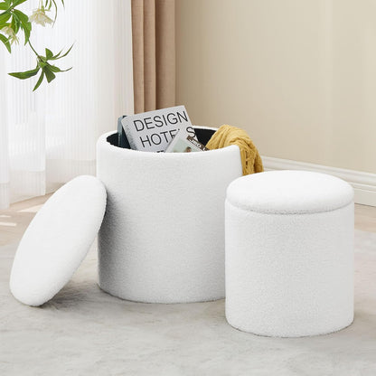 Round Set of 2 Ottoman with Storage, Boucle Storage Ottoman Foot Stool, Soft Teddy Upholstered Small Vanity Stool, Ottomans Coffee Table Padded Seat Foot Rest for Living Room Bedroom, White