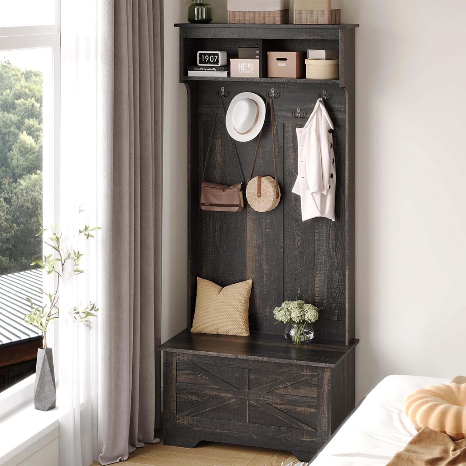 4-In-1 Hall Tree with Storage Bench, 71" Entryway Bench with Coat Rack & Storage Cabinet, Mud Room Organization with Seating, 5 Hooks, Retro Accent Coat Tree for Living Room, Rustic Dark Brown