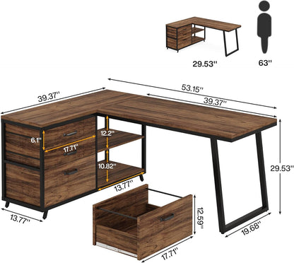 L-Shaped Computer Desk with 3 Drawers, Reversible Corner Home Office Desk with Shelves, 53-Inch Industrial PC Desk Study Writing Table Workstation for Small Space, Rustic Brown