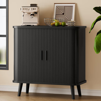 Sideboard Buffet Cabinet with Sliding Door, 31.5" Wide Fluted Modern Accent Storage Cabinet with Adjustable Shelves, Wood Coffee Bar Buffet Console Table for Kitchen, Dining Room, Living Room, Black