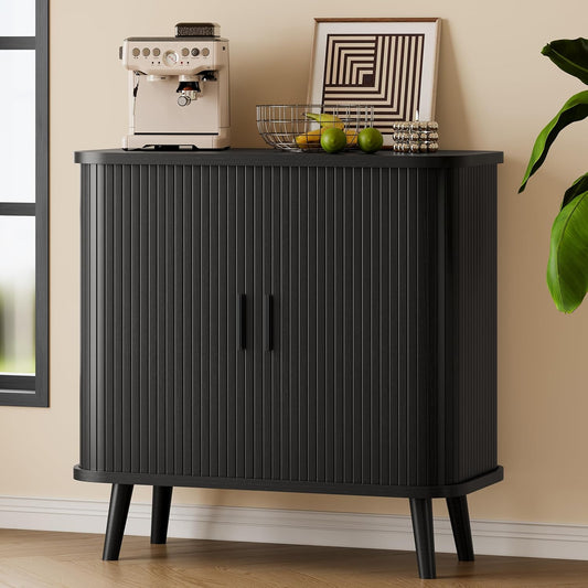 Sideboard Buffet Cabinet with Sliding Door, 31.5" Wide Fluted Modern Accent Storage Cabinet with Adjustable Shelves, Wood Coffee Bar Buffet Console Table for Kitchen, Dining Room, Living Room, Black