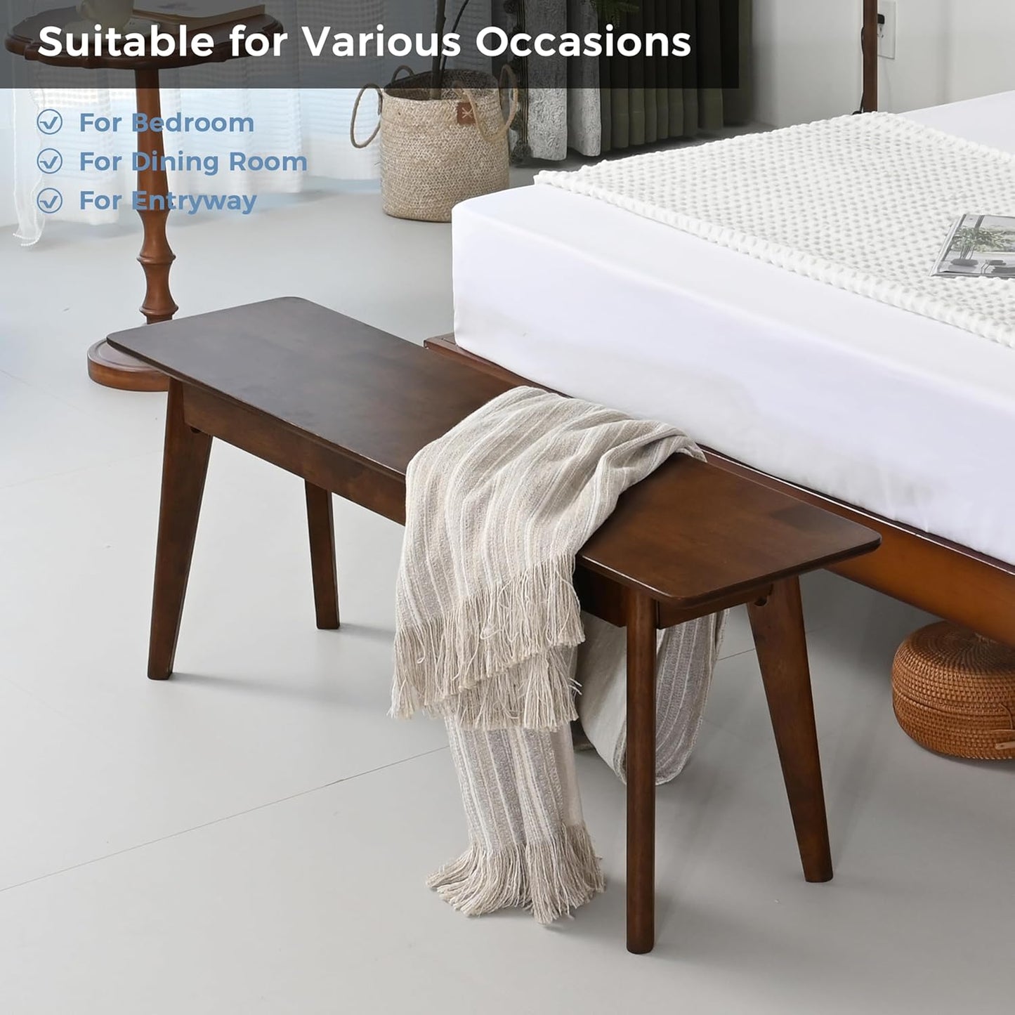47 Inch Solid Wood Dining Bench, Table Bench for Bedroom, Midcentury Wooden Bench for Kitchen, Long Entryway Bench for Living Room, Walnut