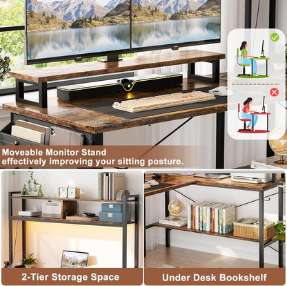 L Shaped Gaming Desk with Power Outlets & LED Lights, Small L-Shaped Desk Computer Corner Desk with Monitor Stand & Storage Shelf, Home Office Desk Writing Desk with Storage Bag, Rustic Brown