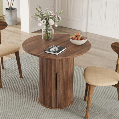 31.5" round Dining Table for 2-4, Modern Farmhouse Kitchen Table with 2-Tier Storage Shelf, Small Wooden Circle Dining Tables with Fluted Base for Home Dining Room Living Room (Walnut)