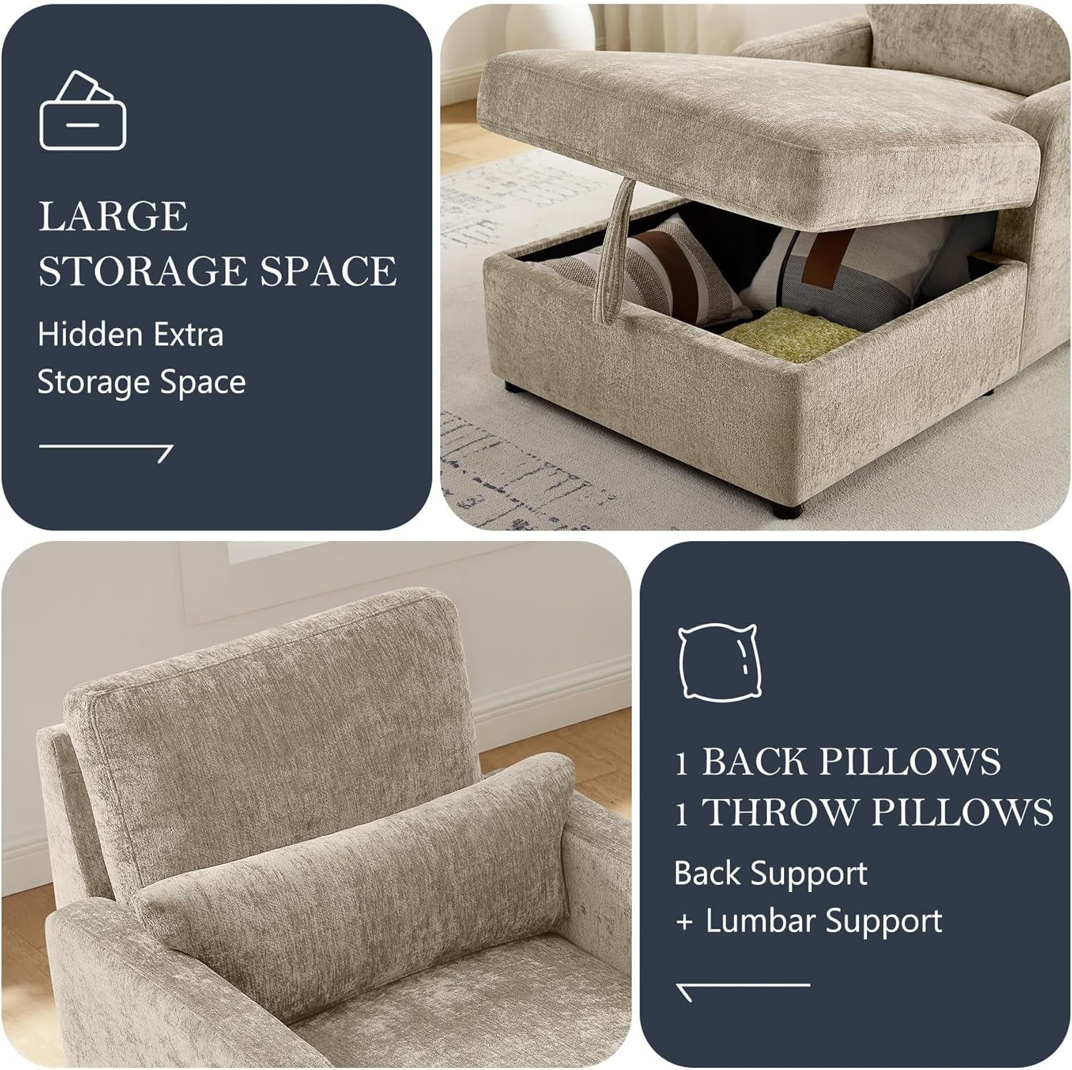 Chaise Lounge Chair Indoor with 2-Position Adjustable Backrest, Chenille Lounge Sofa Chairs with Storage Space & 2 Pillows, Modern Upholstered Reading Chair for Living Room, Bedroom, Office