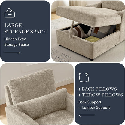 Chaise Lounge Chair Indoor with 2-Position Adjustable Backrest, Chenille Lounge Sofa Chairs with Storage Space & 2 Pillows, Modern Upholstered Reading Chair for Living Room, Bedroom, Office