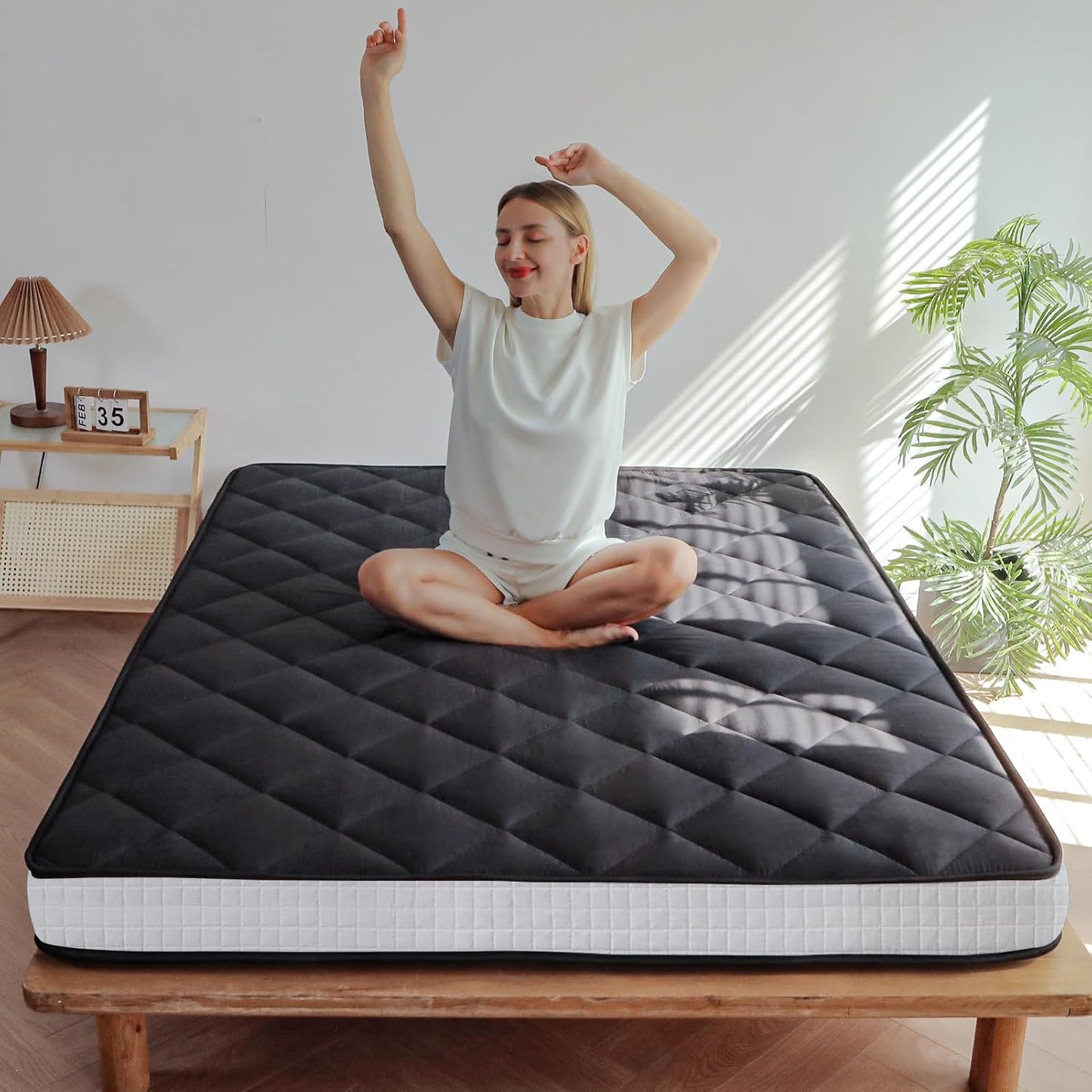 6" Extra Thick Futon Mattress, Queen Size Diamond Pattern Mattress Pad Tatami Pad Japanese Floor Mattress for Adults Guest Mattress, Black