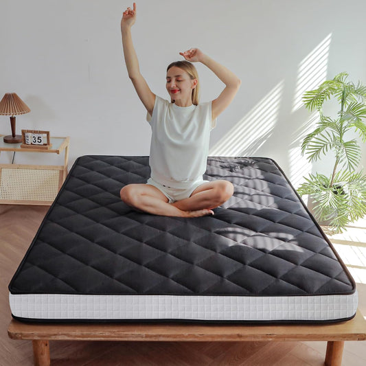6" Extra Thick Futon Mattress, Queen Size Diamond Pattern Mattress Pad Tatami Pad Japanese Floor Mattress for Adults Guest Mattress, Black