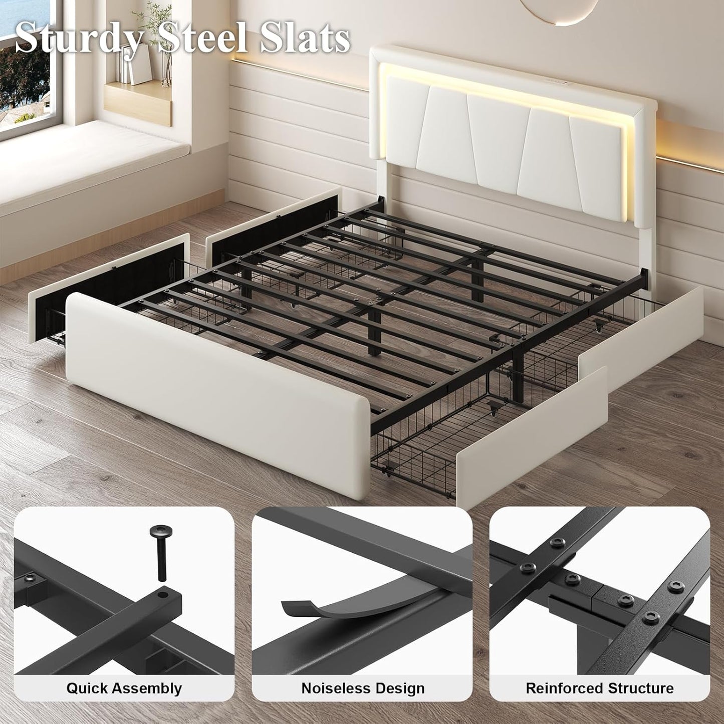 Queen Size Bed Frame with 4 Storage Drawers, Charging Station and LED Light, Adjustable Upholstered Headboard, Noise-Free, No Box Spring Needed, Easy Assembly, White