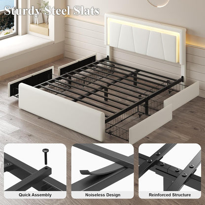 Queen Size Bed Frame with 4 Storage Drawers, Charging Station and LED Light, Adjustable Upholstered Headboard, Noise-Free, No Box Spring Needed, Easy Assembly, White