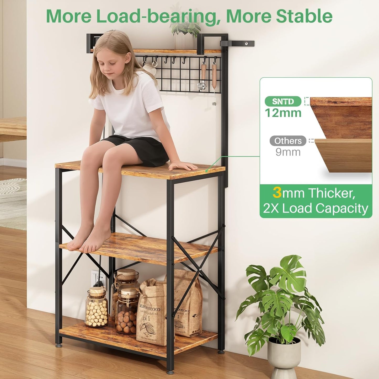 Bakers Rack with Power Outlet, Kitchen Shelves Microwave Stand with Wire Grid and 10 Hooks, 4 Tiers Coffee Stand (Rustic Brown, 23.5 X 15.6 X 52.8 Inches)