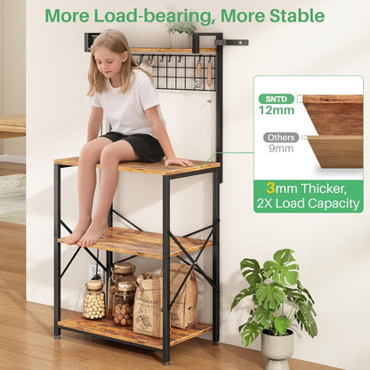 Bakers Rack with Power Outlet, Kitchen Shelves Microwave Stand with Wire Grid and 10 Hooks, 4 Tiers Coffee Stand (Rustic Brown, 23.5 X 15.6 X 52.8 Inches)