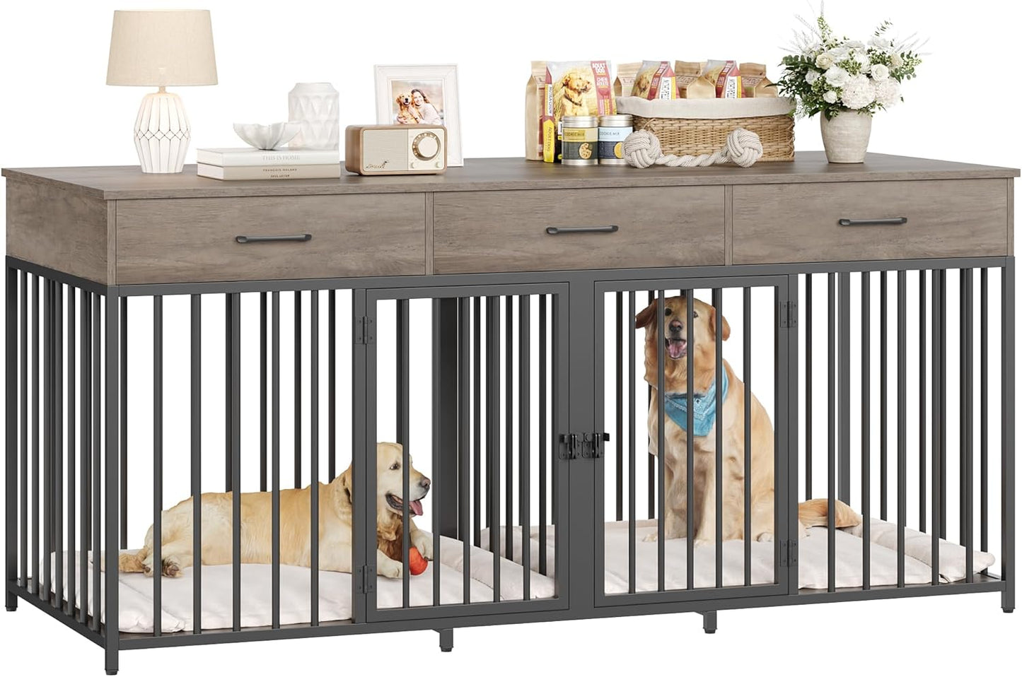 Double Dog Crates Furniture, 71" Wide Indoor Dog Kennel with 3 Drawers, Farmhouse Dog Cage for 2 Large/Medium Dogs, Heavy Duty Dog Crate with Removable Divider, Wooden Pet House, Ash Grey