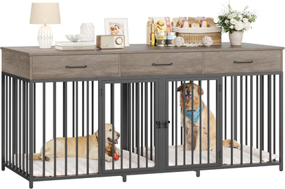Double Dog Crates Furniture, 71" Wide Indoor Dog Kennel with 3 Drawers, Farmhouse Dog Cage for 2 Large/Medium Dogs, Heavy Duty Dog Crate with Removable Divider, Wooden Pet House, Ash Grey