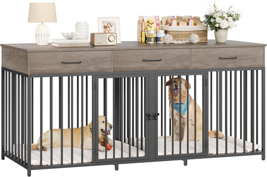Double Dog Crates Furniture, 71" Wide Indoor Dog Kennel with 3 Drawers, Farmhouse Dog Cage for 2 Large/Medium Dogs, Heavy Duty Dog Crate with Removable Divider, Wooden Pet House, Ash Grey